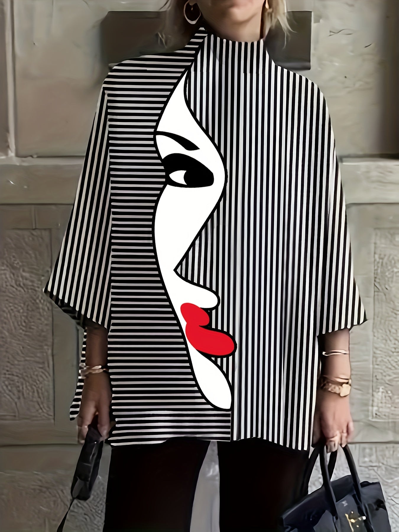 Women's Stylish Striped Long Sleeve Mock Neck Top - Casual Abstract Print Blouse in Black, White & Multicolor, Perfect for Spring/Fall, Ladies Blouses